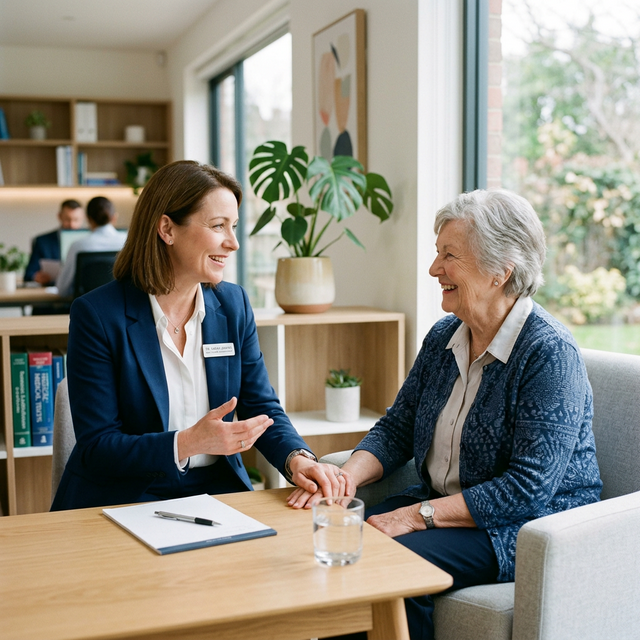 Asesora de salud amable hablando con un adulto mayor, transmitiendo confianza y empatía.